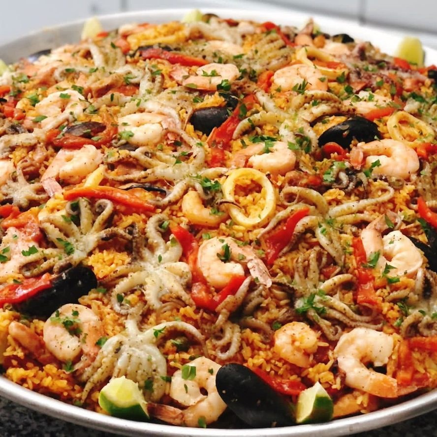 Paella marinera con langostinos, mejillones y calamares